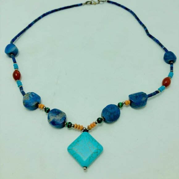 Lapis and Turquoise Beaded Necklace, Handmade Vintage Beaded Necklace - Picture 7 of 12